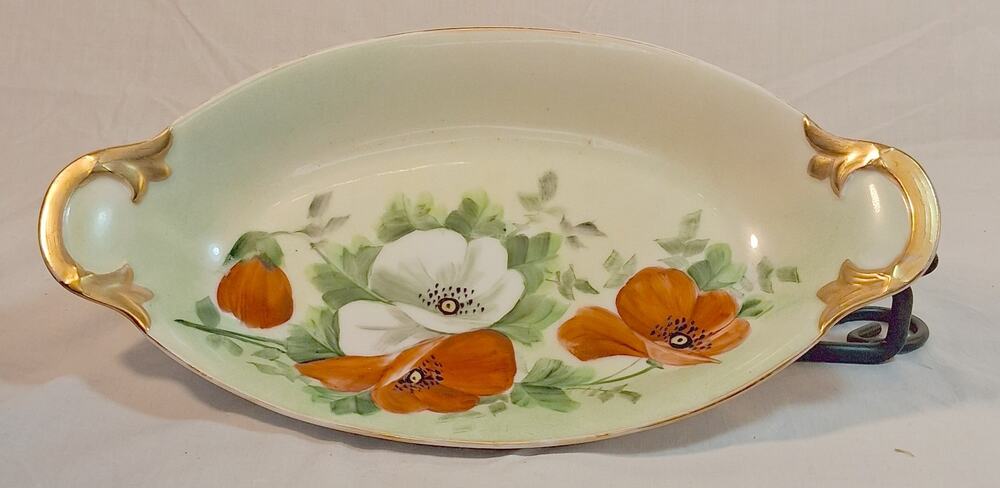 Antique Czechoslovakia Hand Painted Porcelain 10" Poppy Celery Relish Dish Gilt